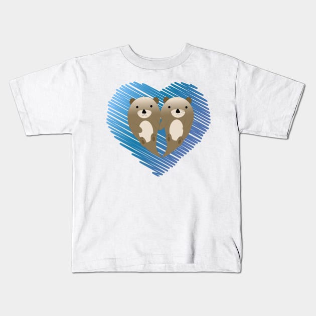 Cute Otter Couple and Blue Scribble Heart Background Kids T-Shirt by Hedgie Designs